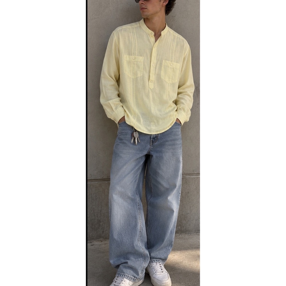 Cubavera 100% Linen Guayabera Shirt Men XL Yellow Mandarin Collar Coastal